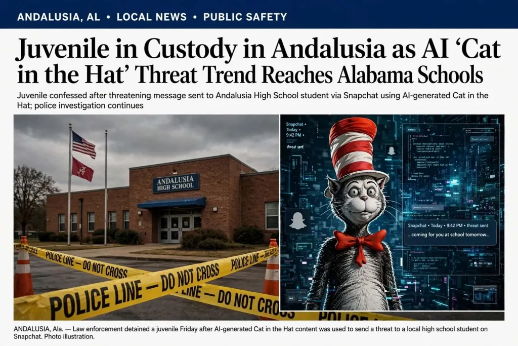 Illustration for the news story: Juvenile in Custody in Andalusia as AI ‘Cat in the Hat’ Threat Trend Reaches Alabama Schools