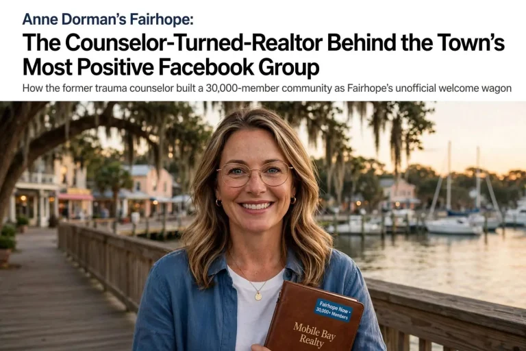 Illustration for the news story: Anne Dorman’s Fairhope: The Counselor-Turned-Realtor Behind the Town’s Most Positive Facebook Group