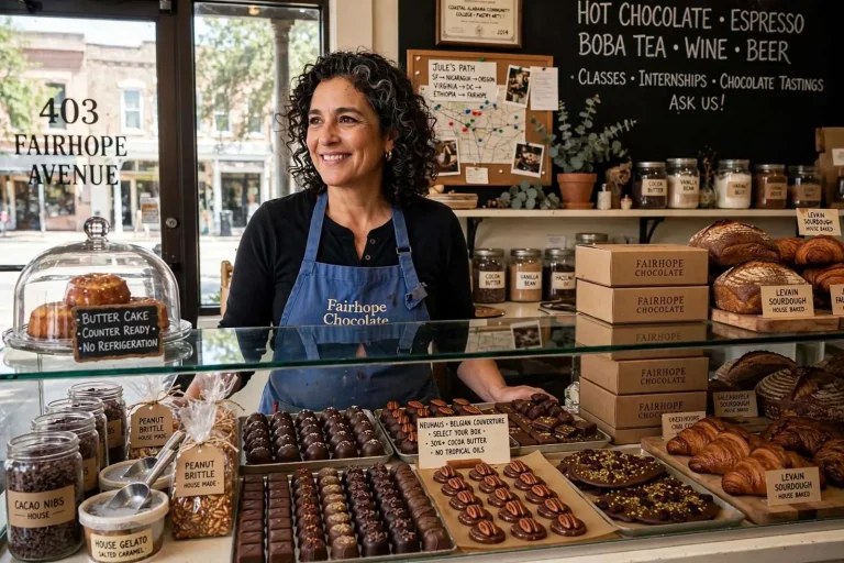 Illustration for the news story: At Fairhope Chocolate, a Former Health Educator Runs on Couverture