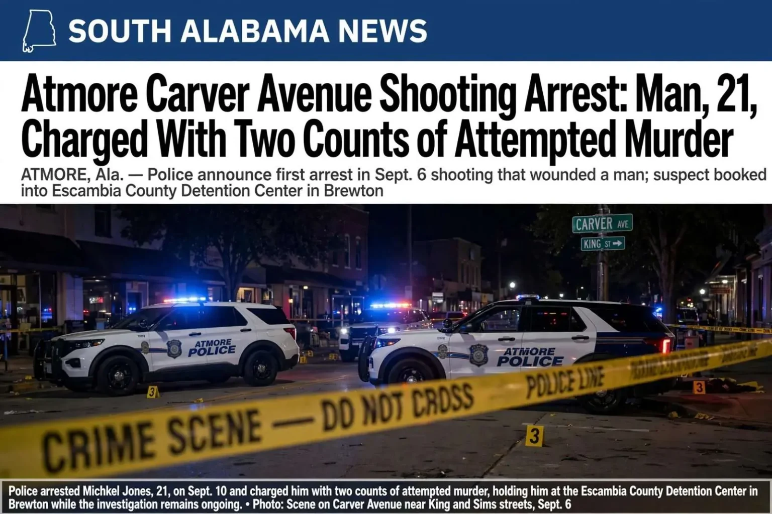 Illustration for the news story: Atmore Carver Avenue Shooting Arrest: Man, 21, Charged With Two Counts of Attempted Murder