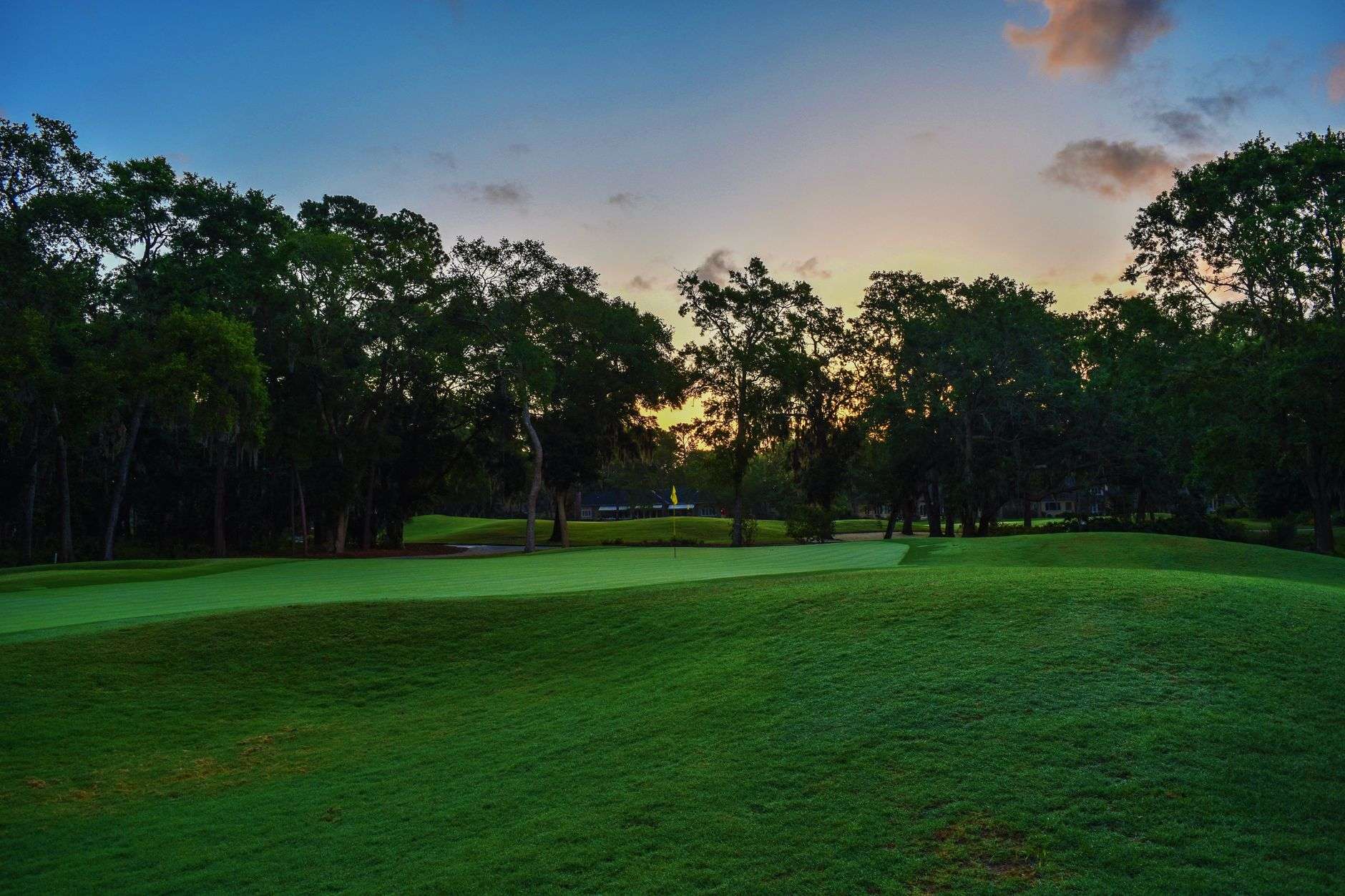 A green golf course fairway with trees and a flagstick in early morning light