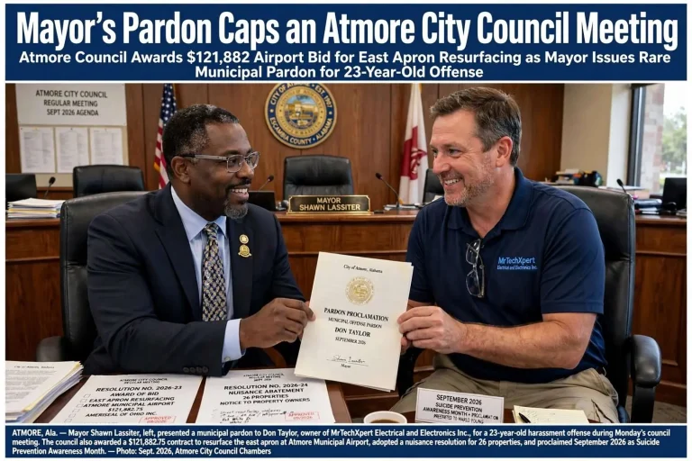 Illustration for the news story: Mayor’s Pardon Caps an Atmore City Council Meeting That Awarded a $121,882 Airport Bid