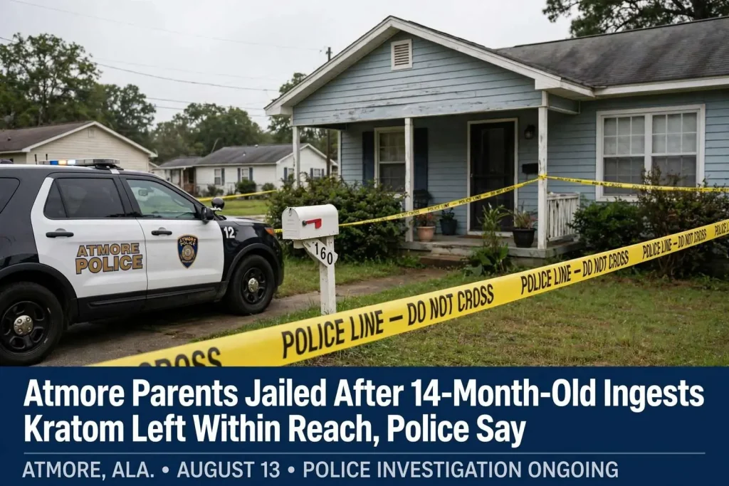 Illustration for the news story: Atmore Parents Jailed After 14-Month-Old Ingests Kratom Left Within Reach, Police Say