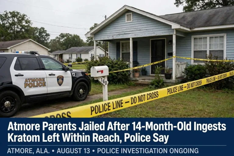 Illustration for the news story: Atmore Parents Jailed After 14-Month-Old Ingests Kratom Left Within Reach, Police Say