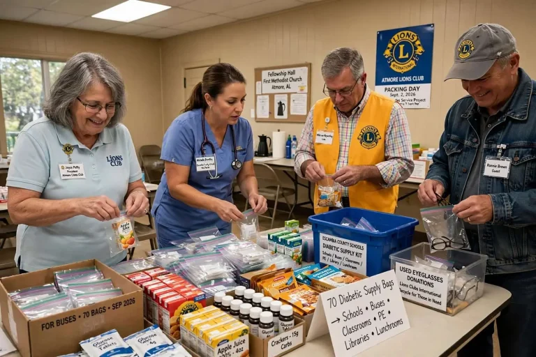 Illustration for the news story: Atmore Lions Pack 70 Diabetic Supply Bags for Escambia County Schools, Buses and Classrooms