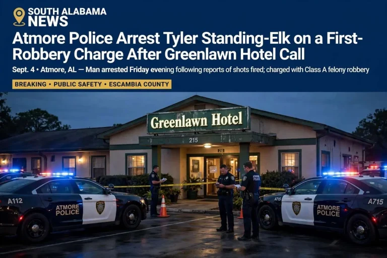 Illustration for the news story: Atmore Police Arrest Tyler Standing-Elk on a First-Degree Robbery Charge After Greenlawn Hotel Call