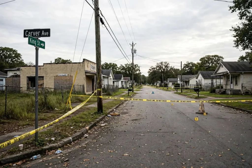 Illustration for the news story: Man Shot on Carver Avenue After a 500-Person Gathering, Atmore Police Say