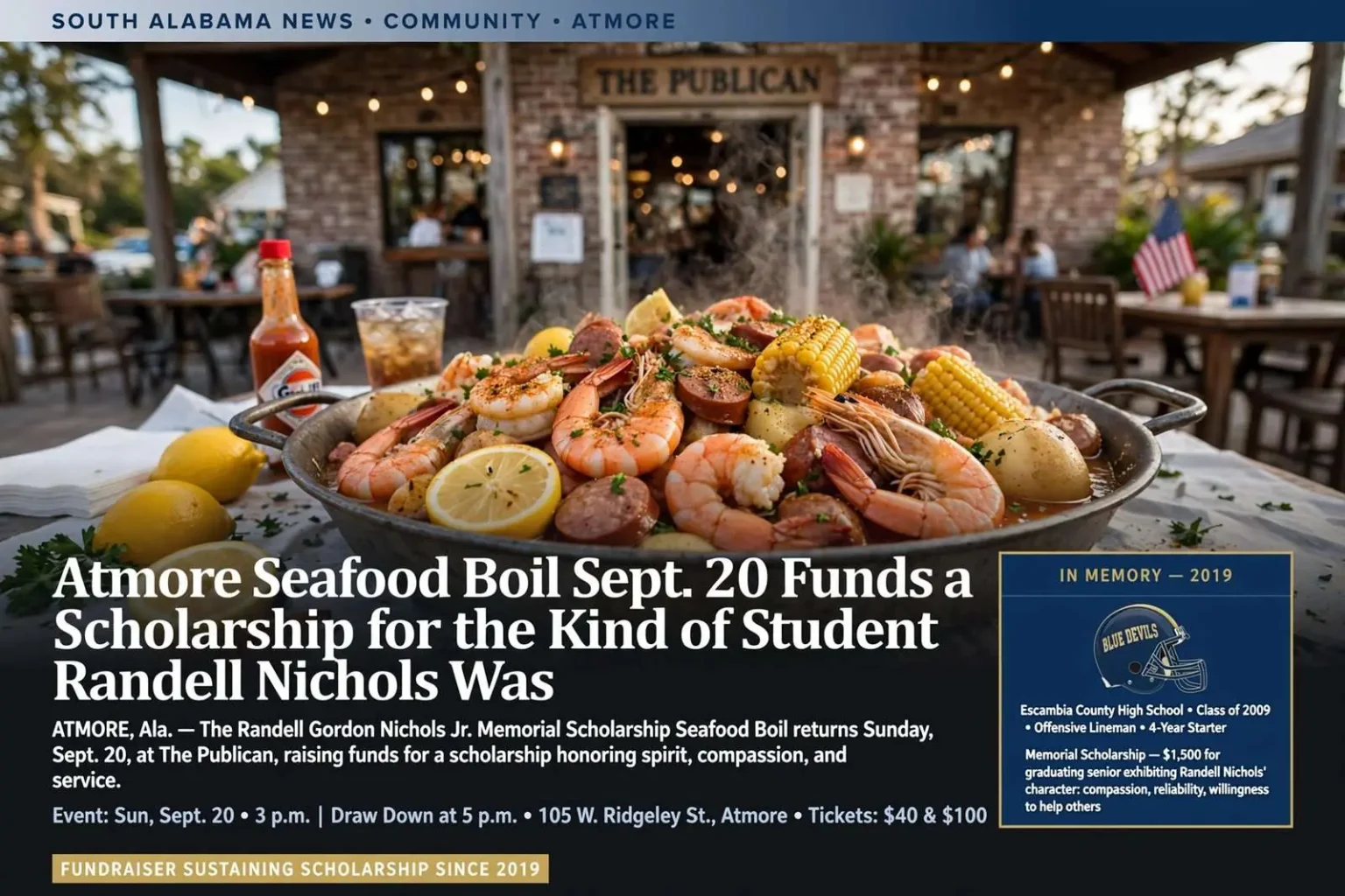 Illustration for the news story: Atmore Seafood Boil Sept. 20 Funds a Scholarship for the Kind of Student Randell Nichols Was