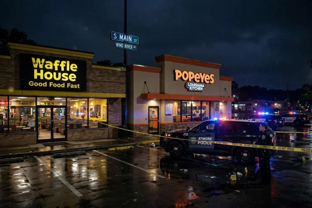 Illustration for the news story: Pistol-Whipping Outside Atmore Waffle House Ends With Shots Fired Next Door at Popeyes; Police Say They Have Strong Leads