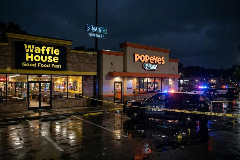 Illustration for the news story: Pistol-Whipping Outside Atmore Waffle House Ends With Shots Fired Next Door at Popeyes; Police Say They Have Strong Leads