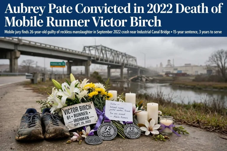 Illustration for the news story: Aubrey Pate Convicted in 2022 Death of Mobile Runner Victor Birch