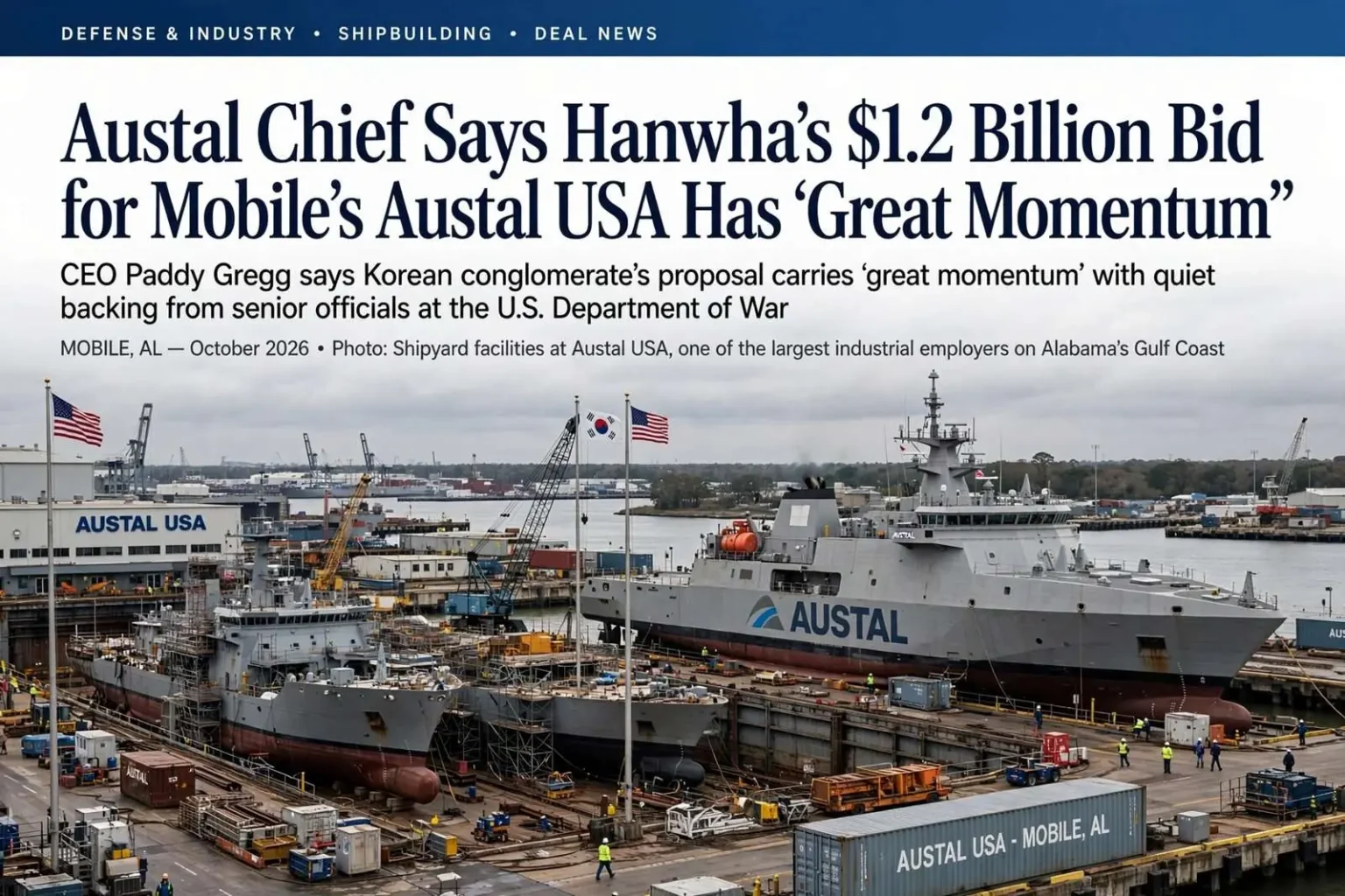 Illustration for the news story: Austal Chief Says Hanwha’s $1.2 Billion Bid for Mobile’s Austal USA Has ‘Great Momentum’