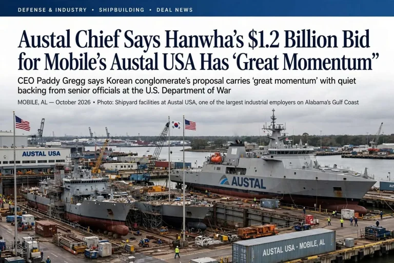 Illustration for the news story: Austal Chief Says Hanwha’s $1.2 Billion Bid for Mobile’s Austal USA Has ‘Great Momentum’