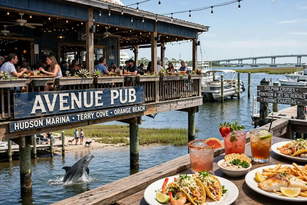 Illustration for the news story: Avenue Pub at Terry Cove: Fresh Food, Cold Drinks and Dolphins at the Dock in Orange Beach
