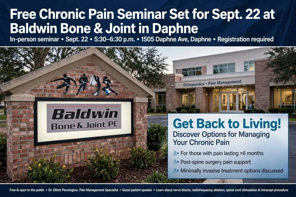 Illustration for the news story: Free Chronic Pain Seminar Set for Sept. 22 at Baldwin Bone & Joint in Daphne