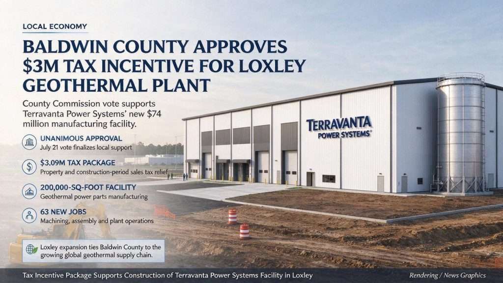 Illustration for the news story: Baldwin County Commission Signs Off on $3 Million Tax Incentive for Loxley Geothermal Plant