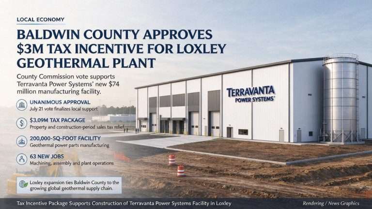 Illustration for the news story: Baldwin County Commission Signs Off on $3 Million Tax Incentive for Loxley Geothermal Plant
