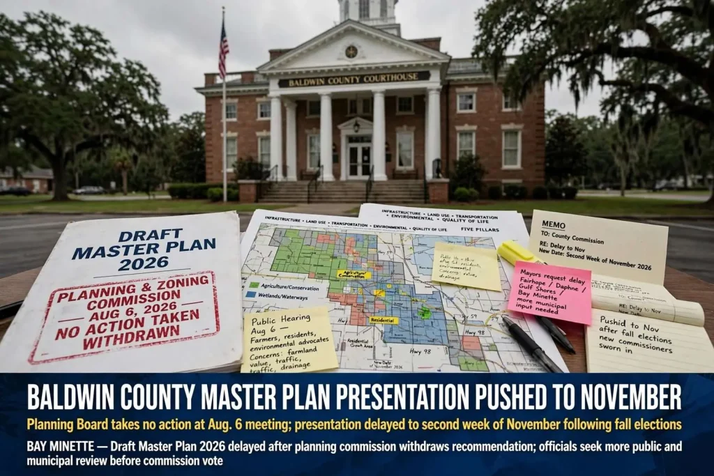 Illustration for the news story: Baldwin County Master Plan Presentation Pushed to November After Planning Board Takes No Action