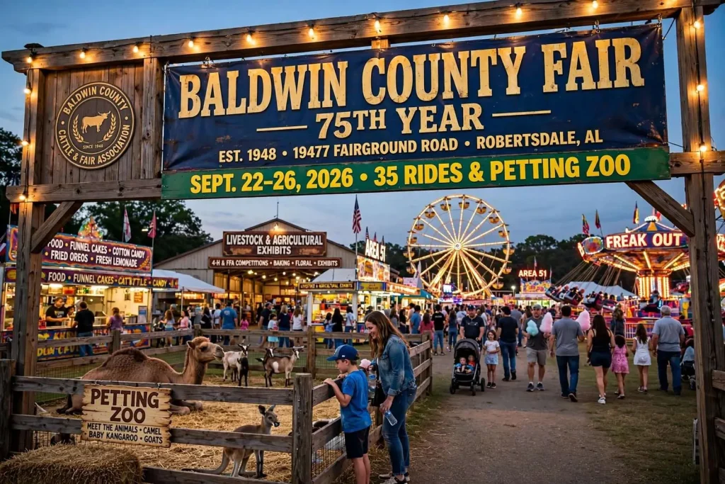 Illustration for the news story: Baldwin County Fair Marks 75th Year in Robertsdale With 35 Rides and a Petting Zoo