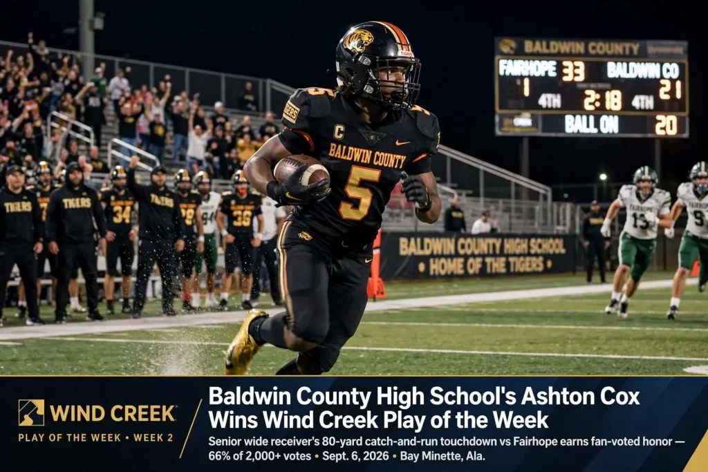 Illustration for the news story: Baldwin County High School’s Ashton Cox wins Wind Creek Play of the Week after 80-yard score against Fairhope