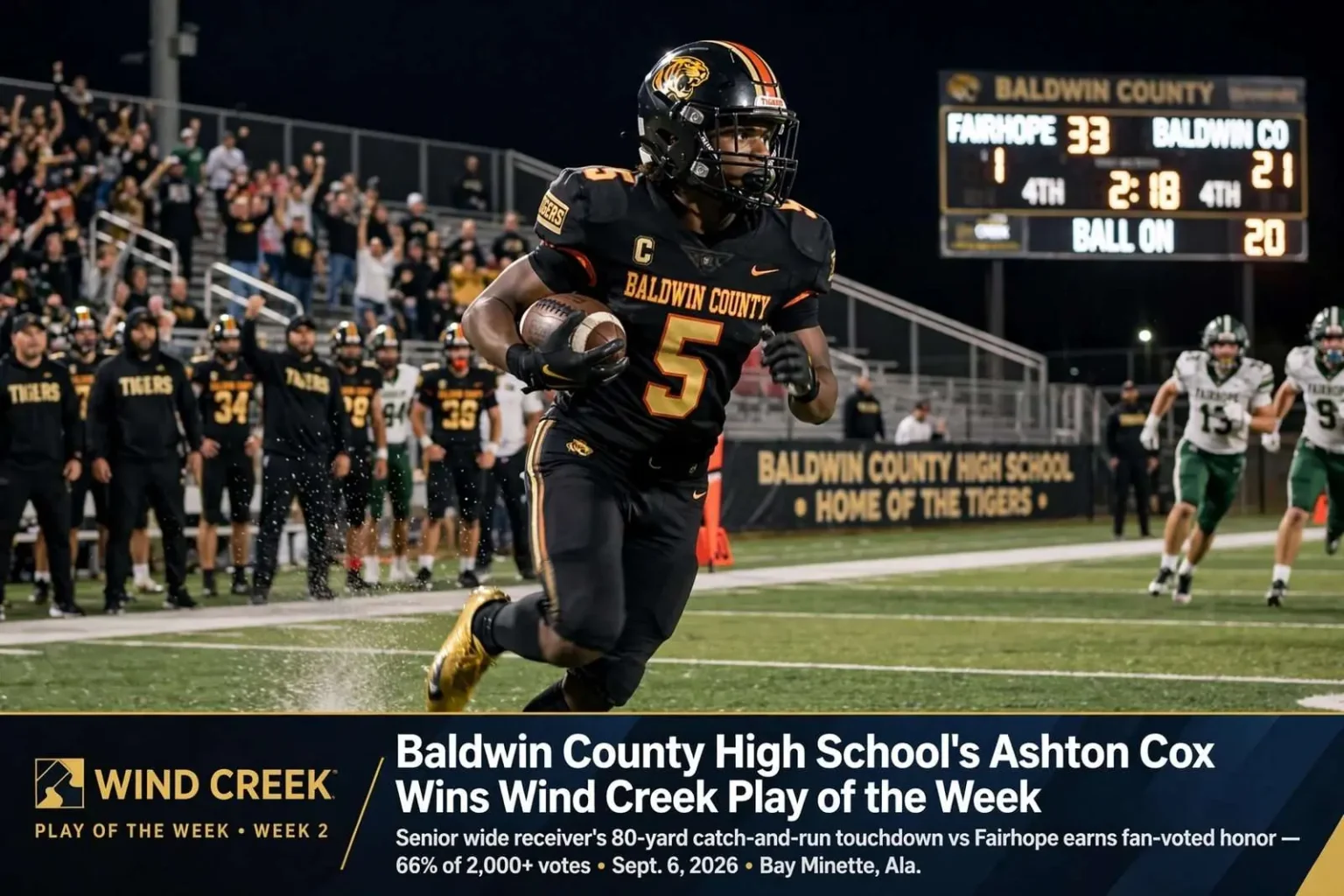 Illustration for the news story: Baldwin County High School’s Ashton Cox wins Wind Creek Play of the Week after 80-yard score against Fairhope