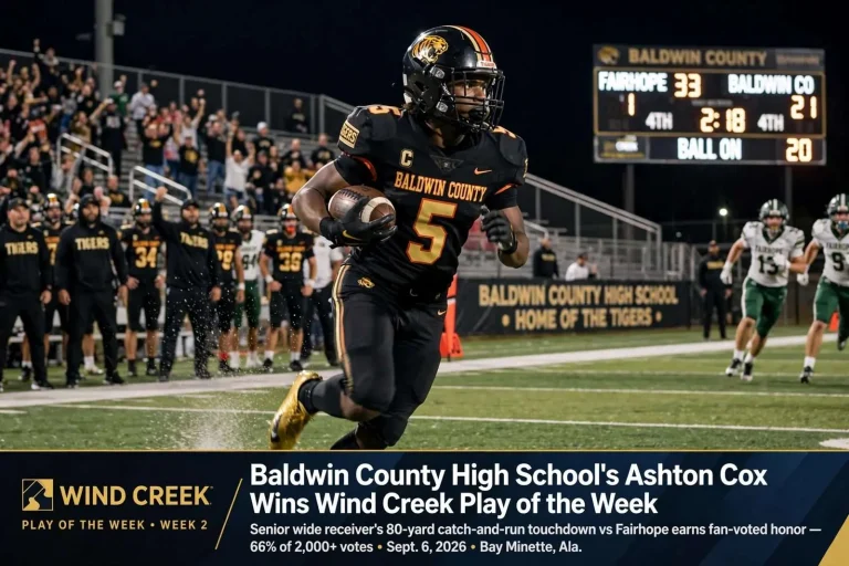 Illustration for the news story: Baldwin County High School’s Ashton Cox wins Wind Creek Play of the Week after 80-yard score against Fairhope