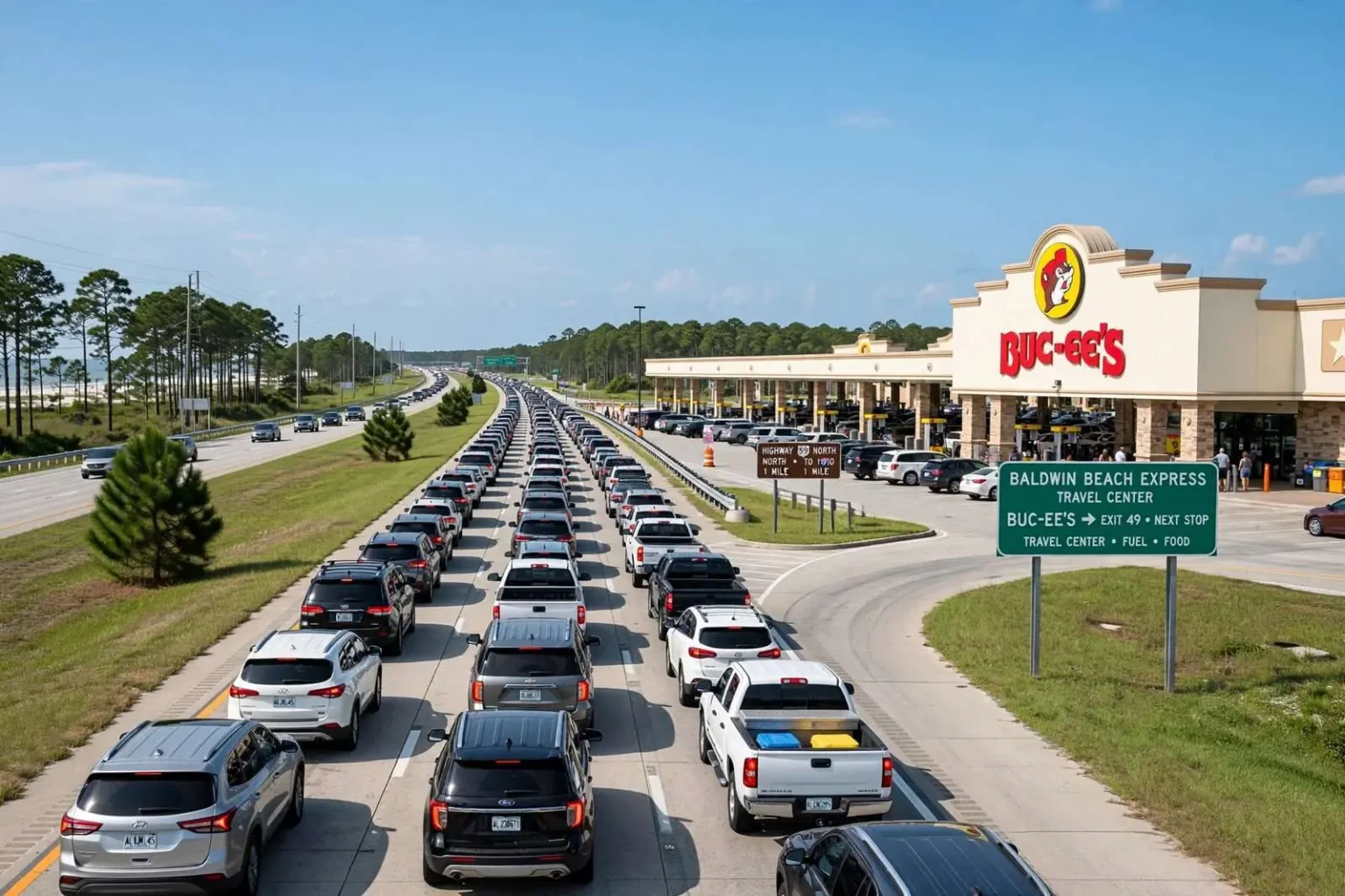 Illustration for the news story: Three-Quarters of a Mile to Get Into Buc-ee’s: Labor Day Departure Day in Baldwin County