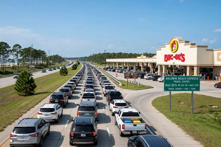 Illustration for the news story: Three-Quarters of a Mile to Get Into Buc-ee’s: Labor Day Departure Day in Baldwin County