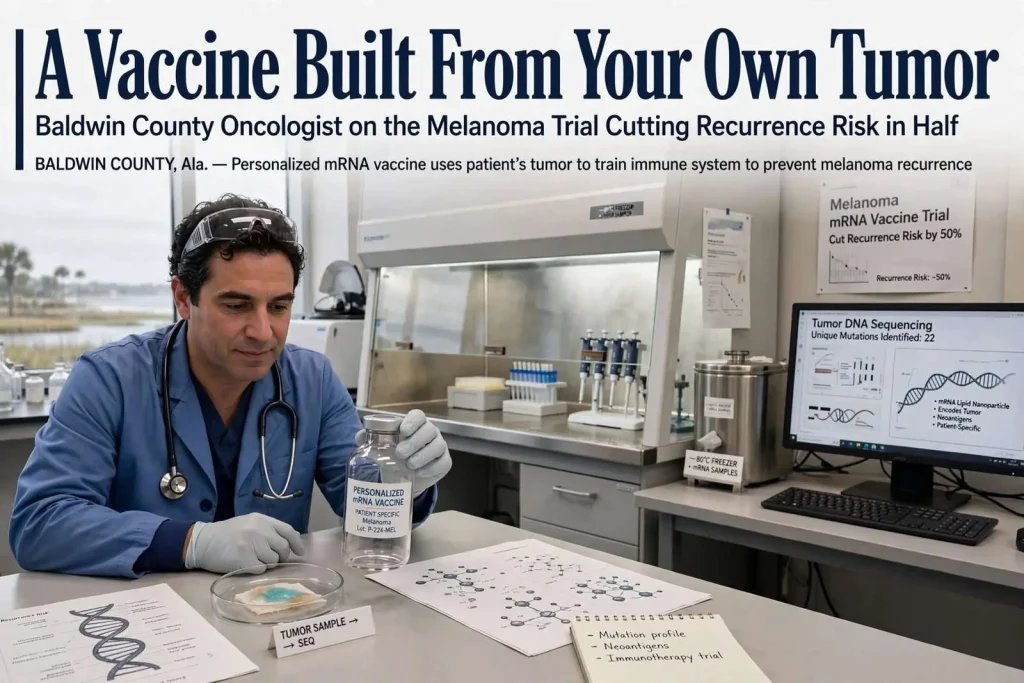Illustration for the news story: A Vaccine Built From Your Own Tumor: Baldwin County Oncologist on the Melanoma Trial Cutting Recurrence Risk in Half