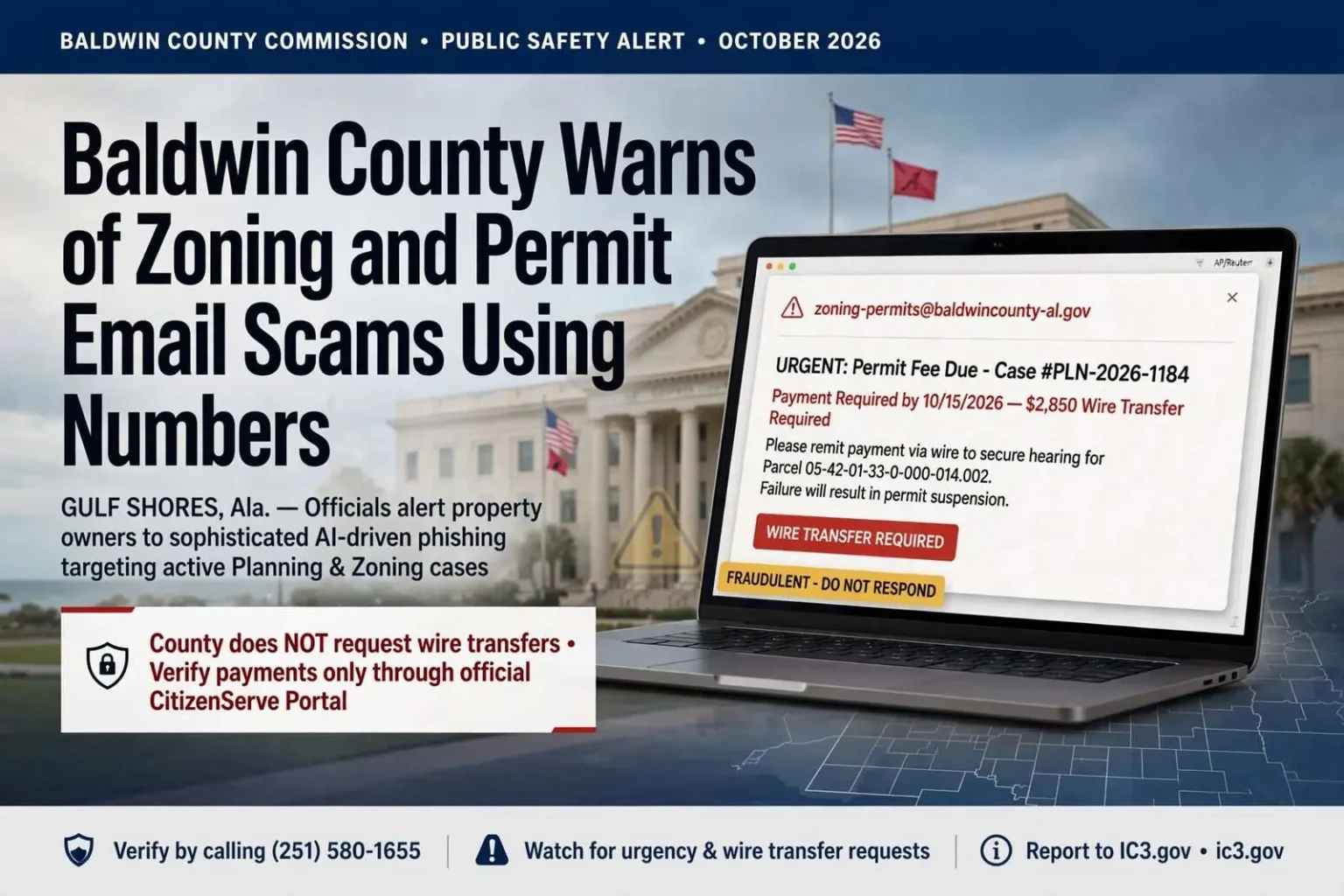 Illustration for the news story: Baldwin County Warns of Zoning and Permit Email Scams Using Real Case Numbers