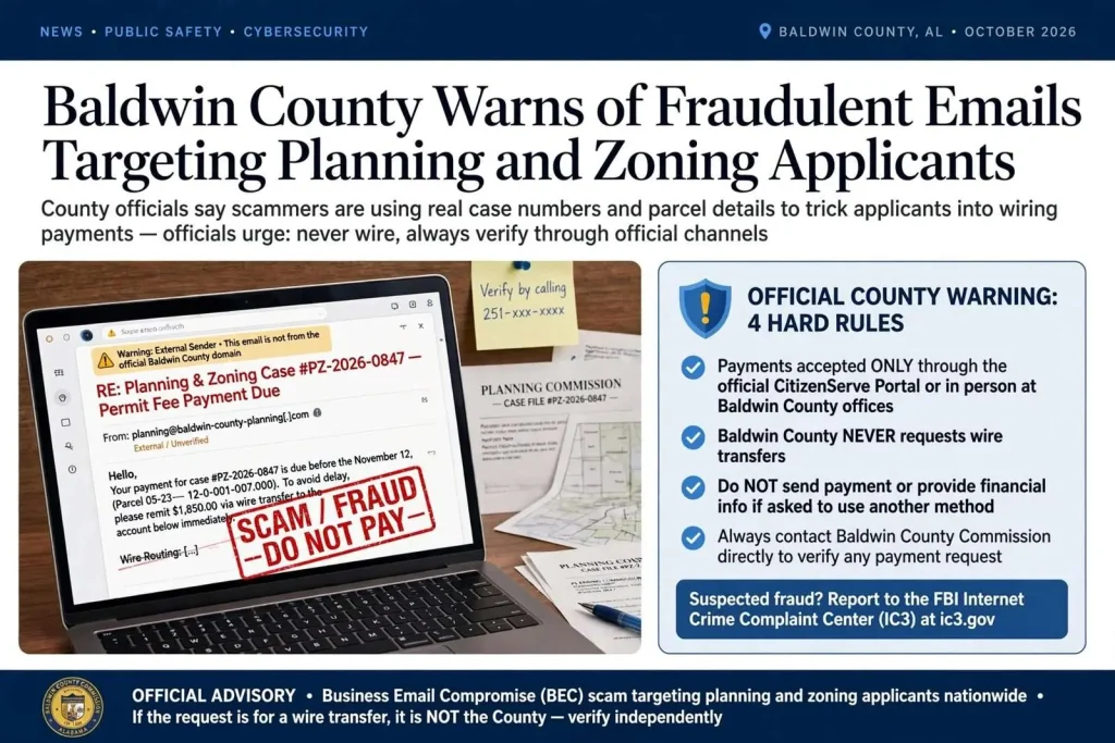 Illustration for the news story: Baldwin County Warns of Fraudulent Emails Targeting Planning and Zoning Applicants
