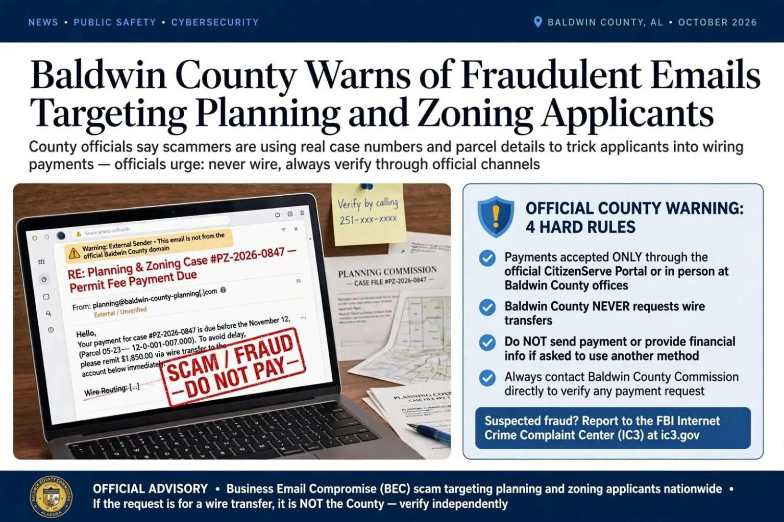 Illustration for the news story: Baldwin County Warns of Fraudulent Emails Targeting Planning and Zoning Applicants