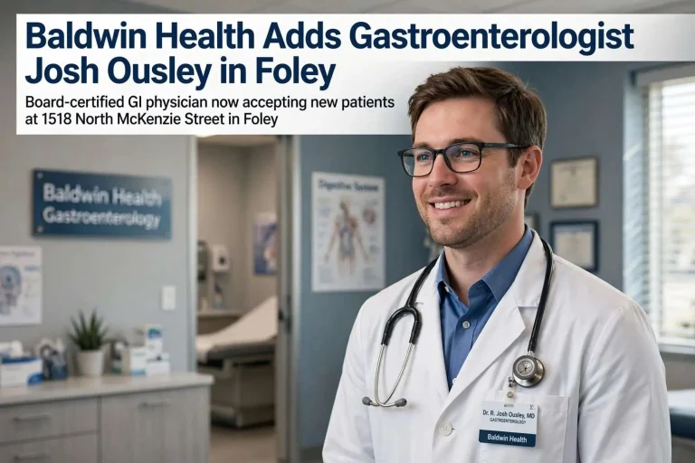 Illustration for the news story: Baldwin Health Adds Gastroenterologist Josh Ousley in Foley