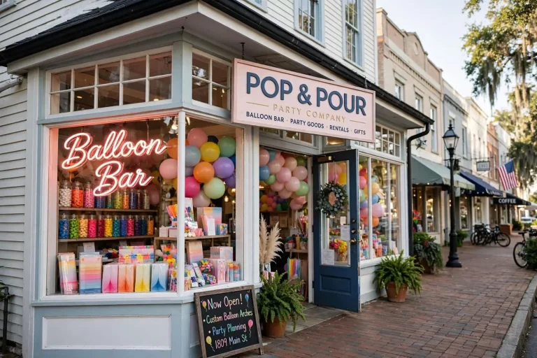 Illustration for the news story: Balloon Bar and Big Plans: Pop & Pour Party Company Comes to Main Street Daphne