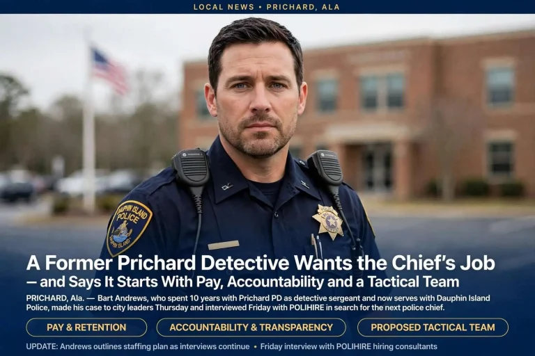Illustration for the news story: A Former Prichard Detective Wants the Chief’s Job — and Says It Starts With Pay, Accountability and a Tactical Team