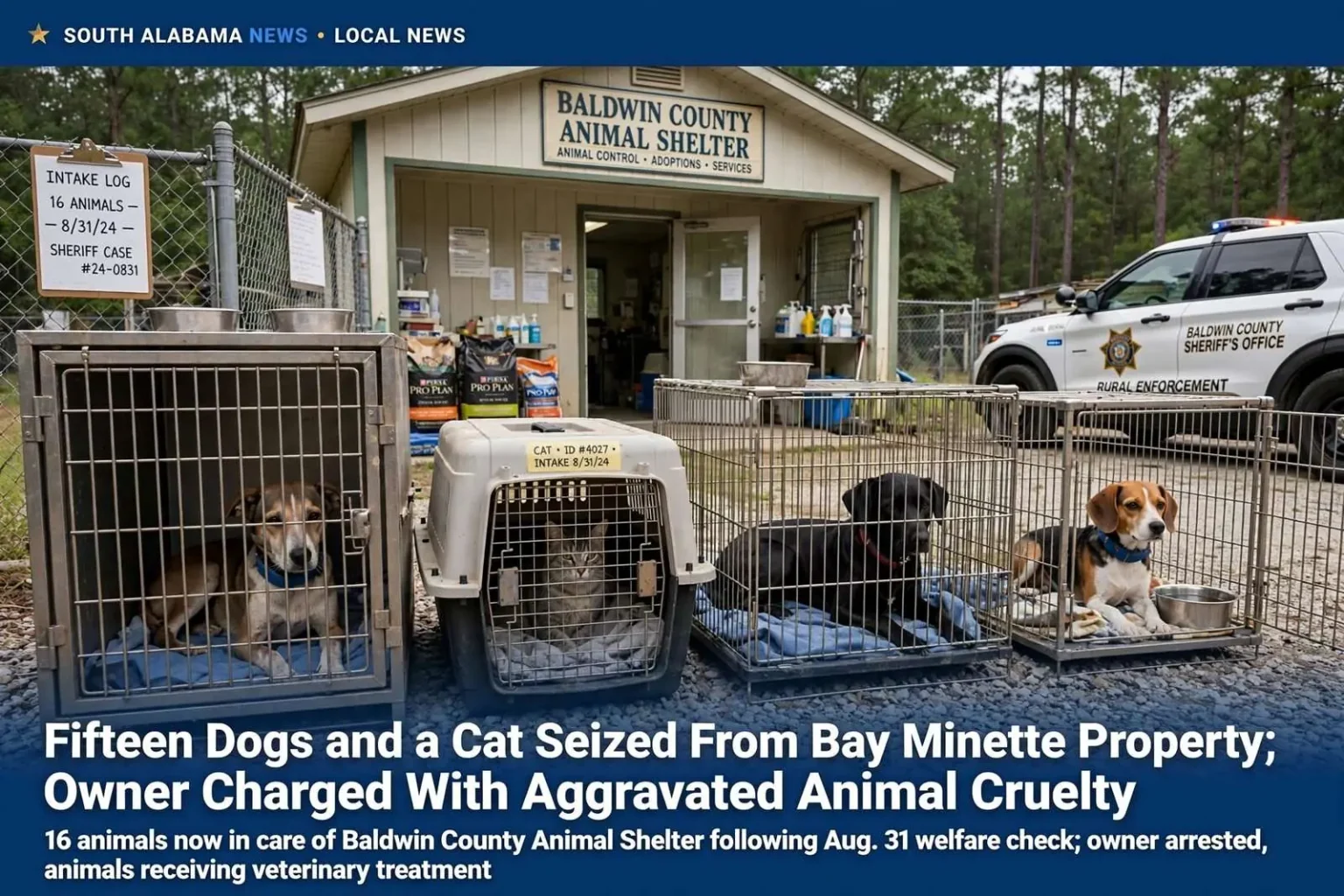 Illustration for the news story: Fifteen Dogs and a Cat Seized From Bay Minette Property; Owner Charged With Aggravated Animal Cruelty
