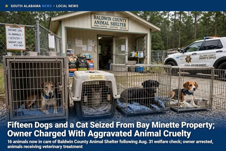 Illustration for the news story: Fifteen Dogs and a Cat Seized From Bay Minette Property; Owner Charged With Aggravated Animal Cruelty