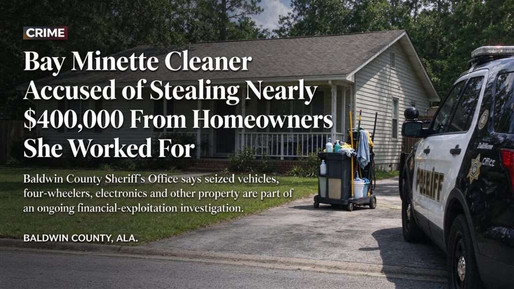 Illustration for the news story: Bay Minette Cleaner Accused of Stealing Nearly $400,000 From Homeowners She Worked For
