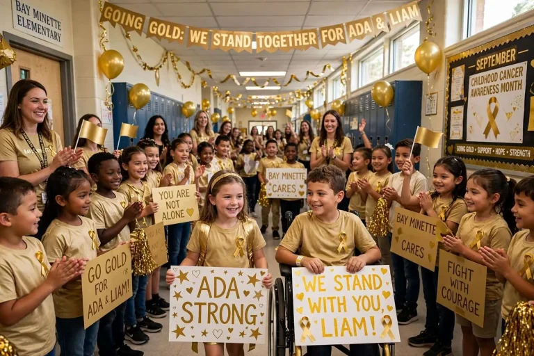Illustration for the news story: Going Gold: Bay Minette Elementary Parades Its Halls for Two Classmates Fighting Cancer