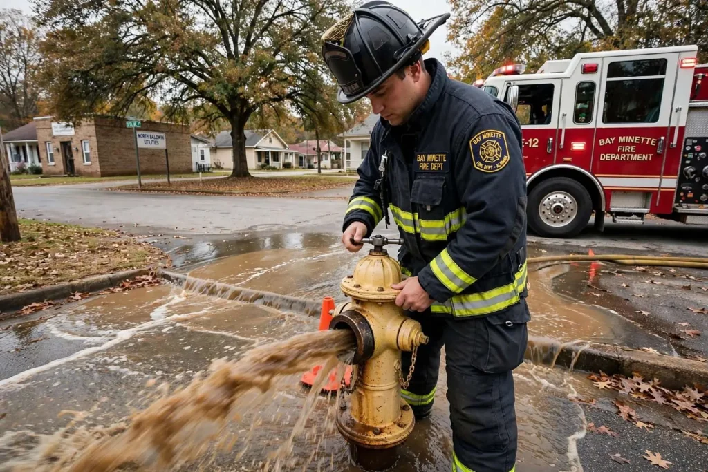 Illustration for the news story: Bay Minette Fire Department Is Flushing Hydrants Through the Fall — Here’s Why Your Water May Look Brown