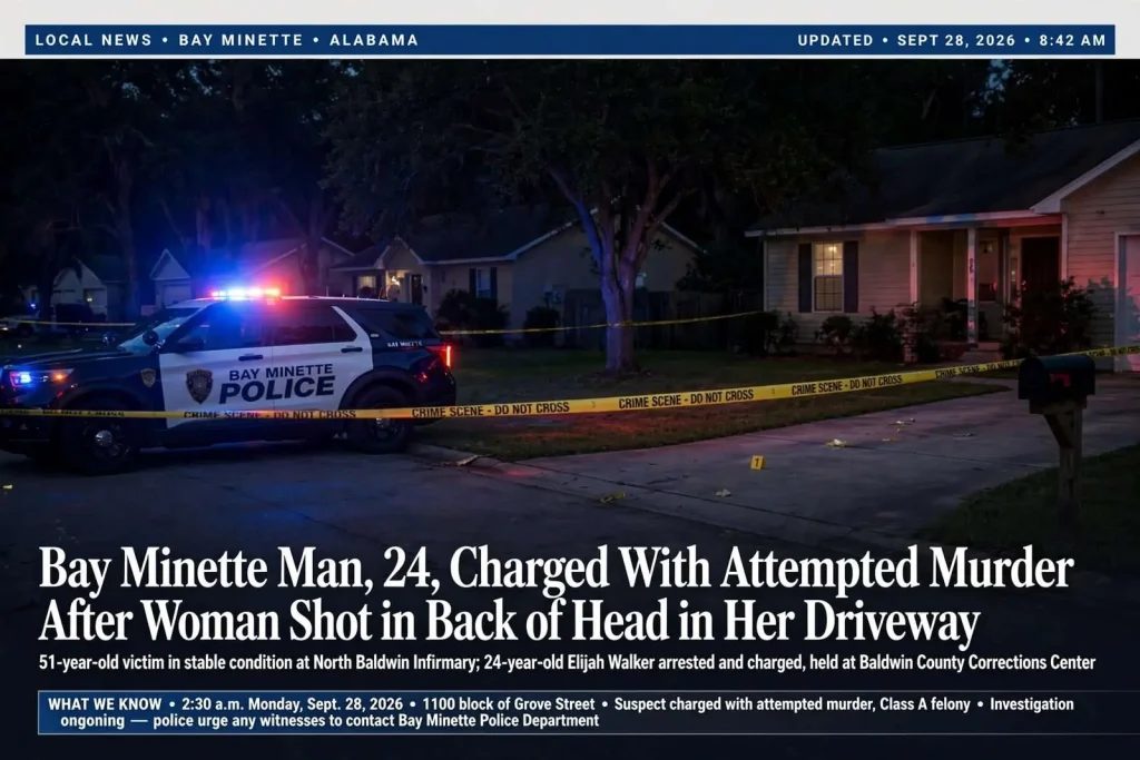 Illustration for the news story: Bay Minette Man, 24, Charged With Attempted Murder After Woman Shot in Back of Head in Her Driveway