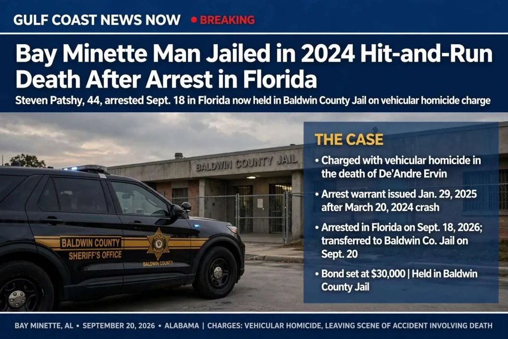 Illustration for the news story: Bay Minette Man Jailed in 2024 Hit-and-Run Death After Arrest in Florida
