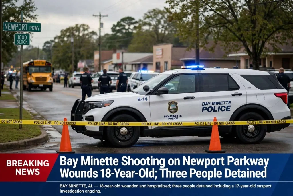 Illustration for the news story: Bay Minette Shooting on Newport Parkway Wounds 18-Year-Old; Three People Detained