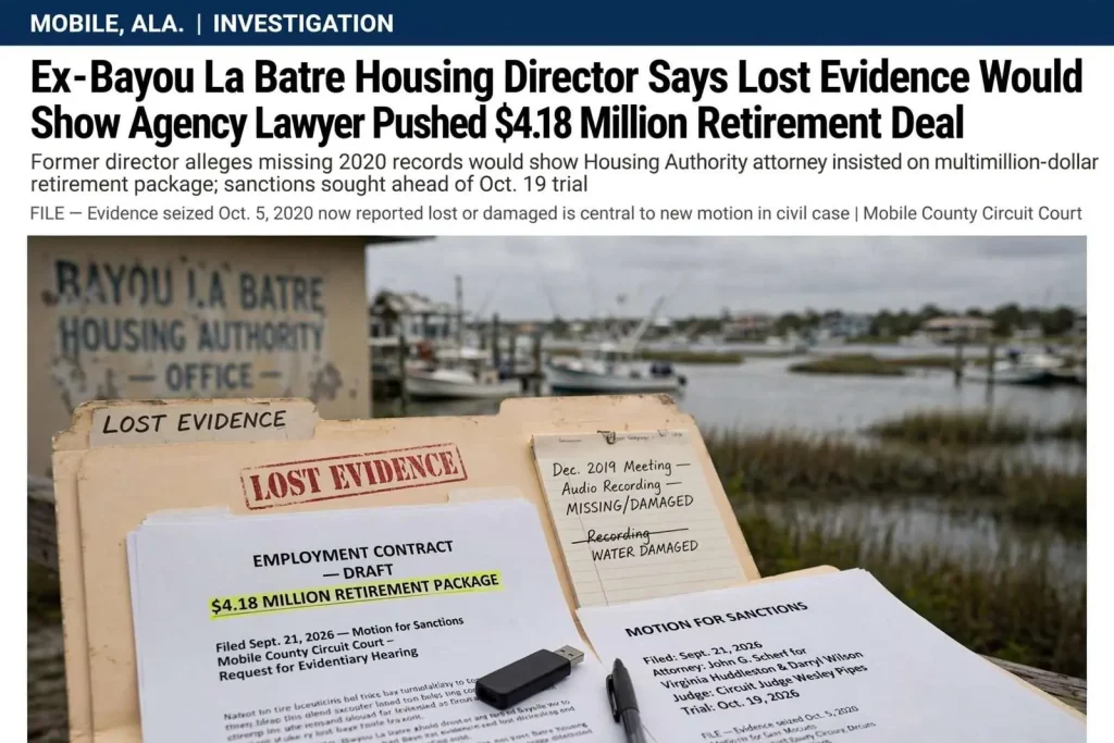 Illustration for the news story: Ex-Bayou La Batre Housing Director Says Lost Evidence Would Show Agency Lawyer Pushed $4.18 Million Retirement Deal