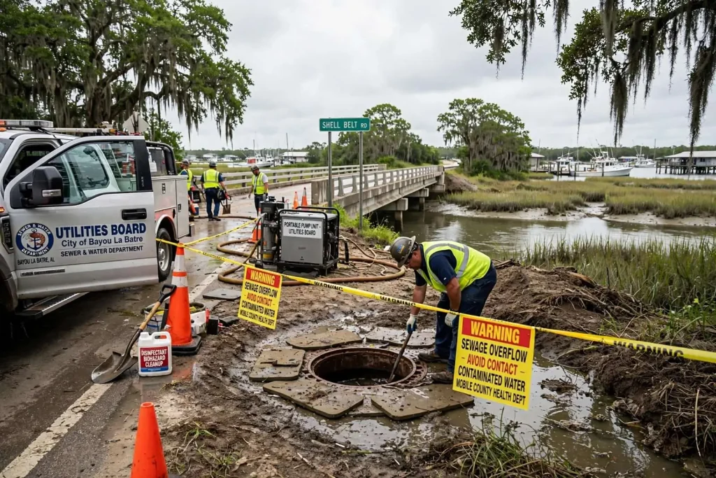 Illustration for the news story: Bayou La Batre Utility Responds to Sewage Overflow Near Shell Belt Road Bridge