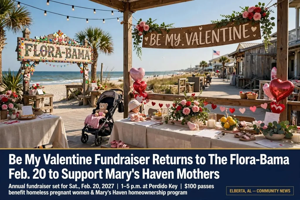 Illustration for the news story: Be My Valentine Fundraiser Returns to The Flora-Bama Feb. 20 to Support Mary’s Haven Mothers