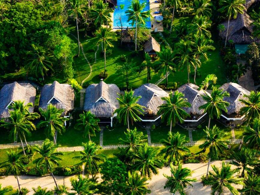 A resort swimming pool surrounded by white beach cottages and palm trees