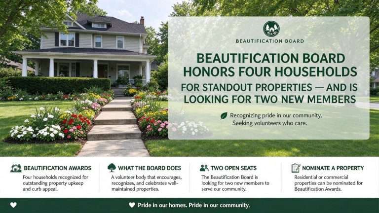 Illustration for the news story: Beautification Board Honors Four Households for Standout Properties — and Is Looking for Two New Members