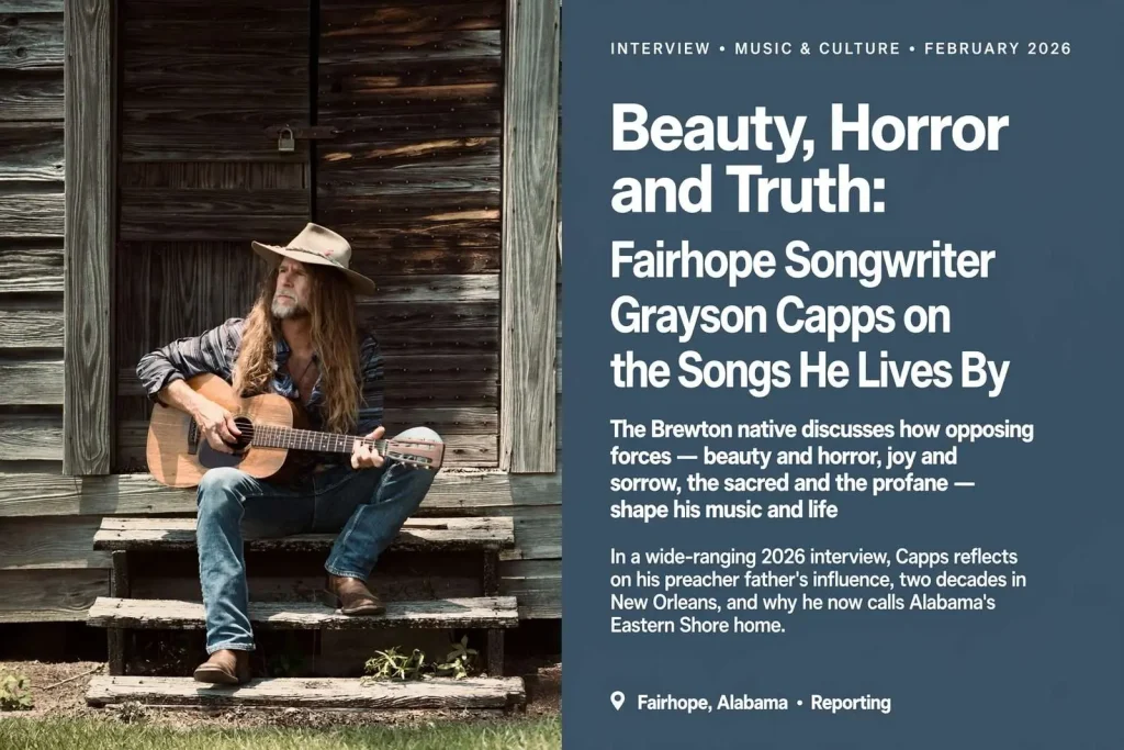 Illustration for the news story: Beauty, Horror and Truth: Fairhope Songwriter Grayson Capps on the Songs He Lives By