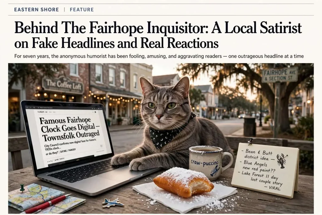 Illustration for the news story: Behind The Fairhope Inquisitor: A Local Satirist on Fake Headlines and Real Reactions